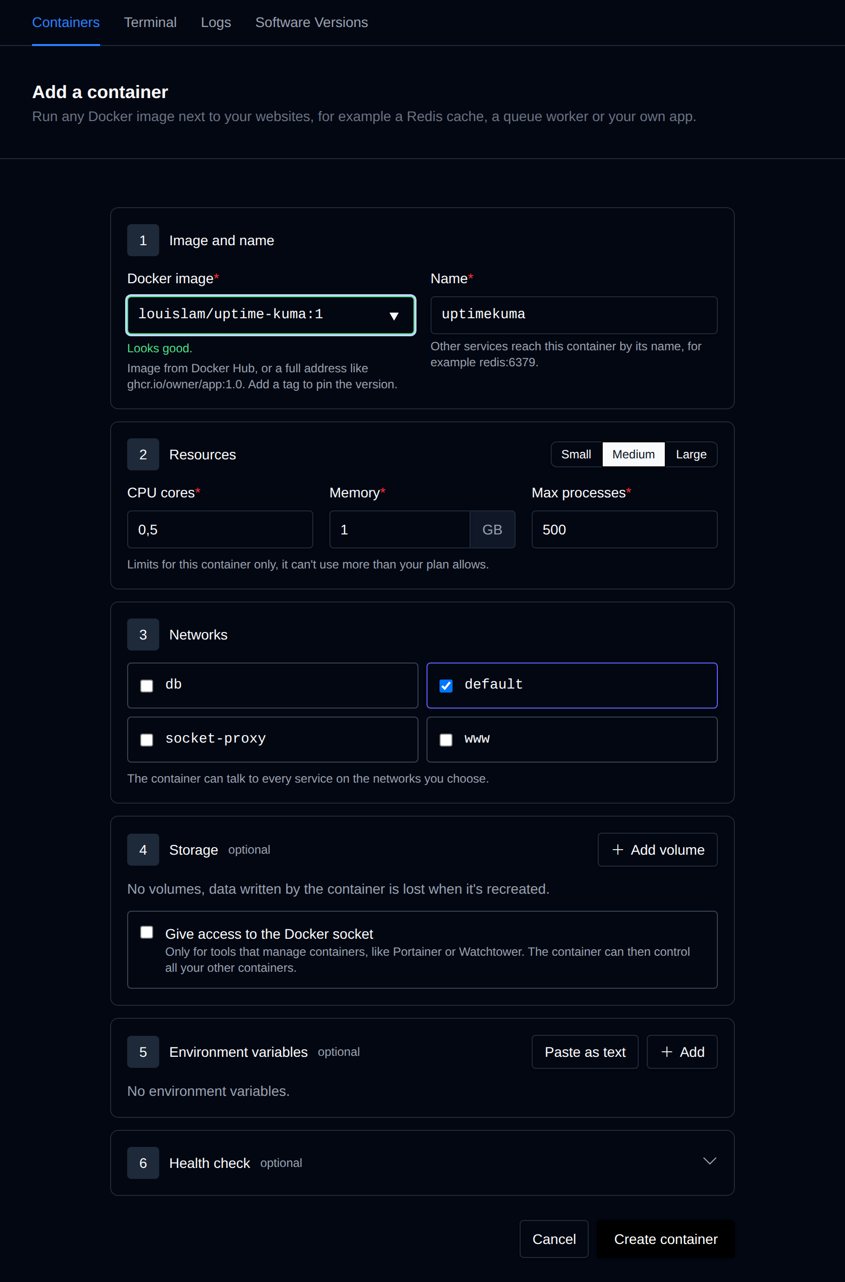 Add a container form with the image and name, resource presets, networks, storage and environment variables