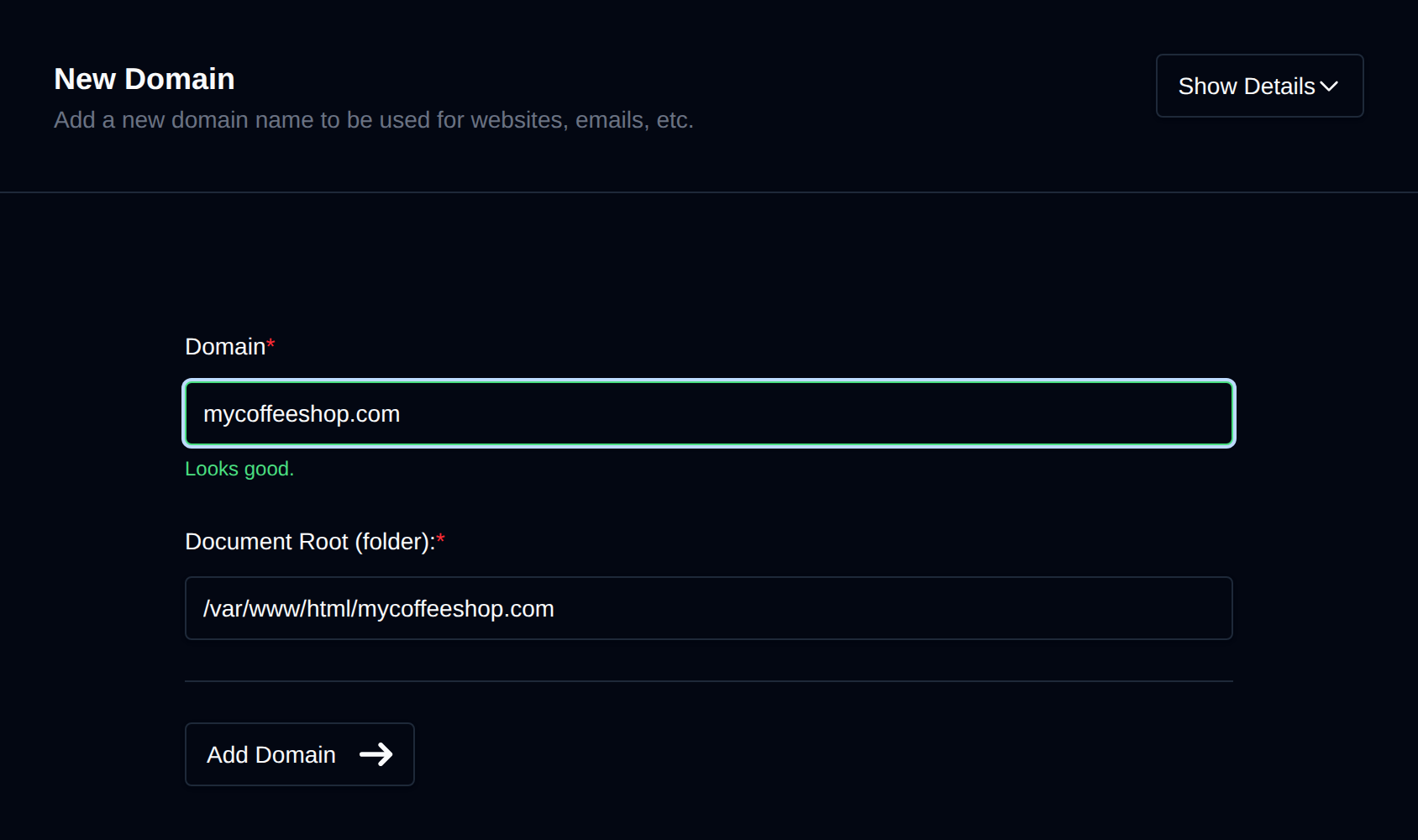 New Domain form with the domain name and document root fields
