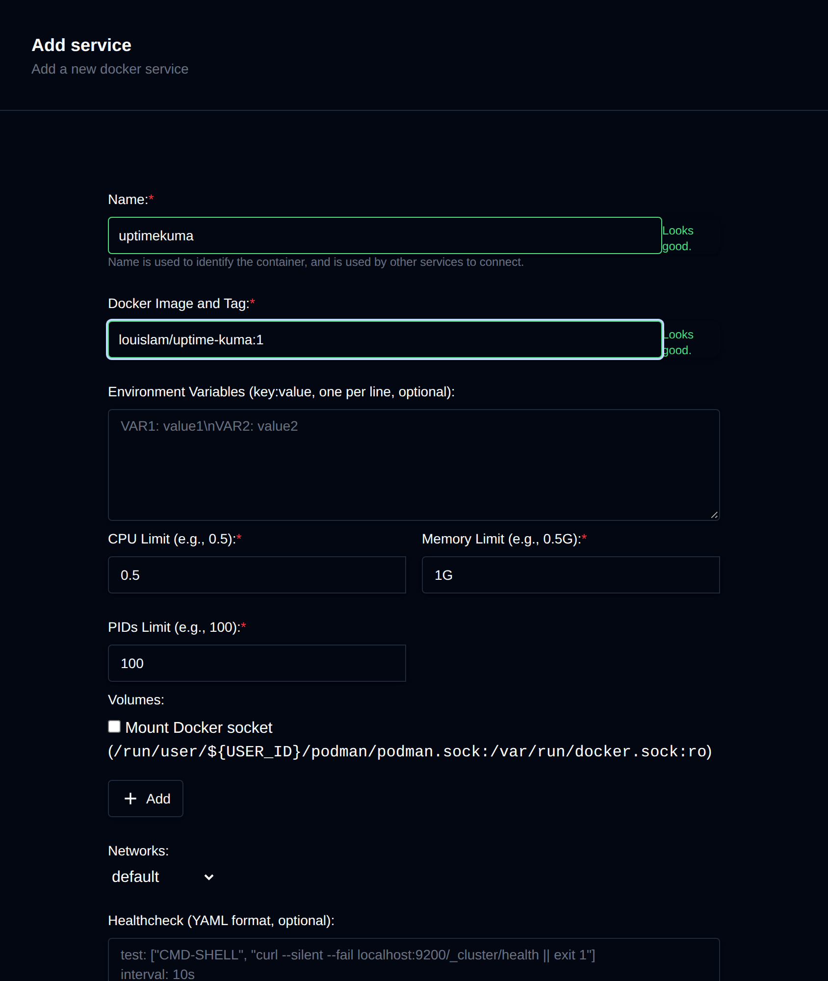 Add service form with the name, Docker image and tag, environment variables and resource limits