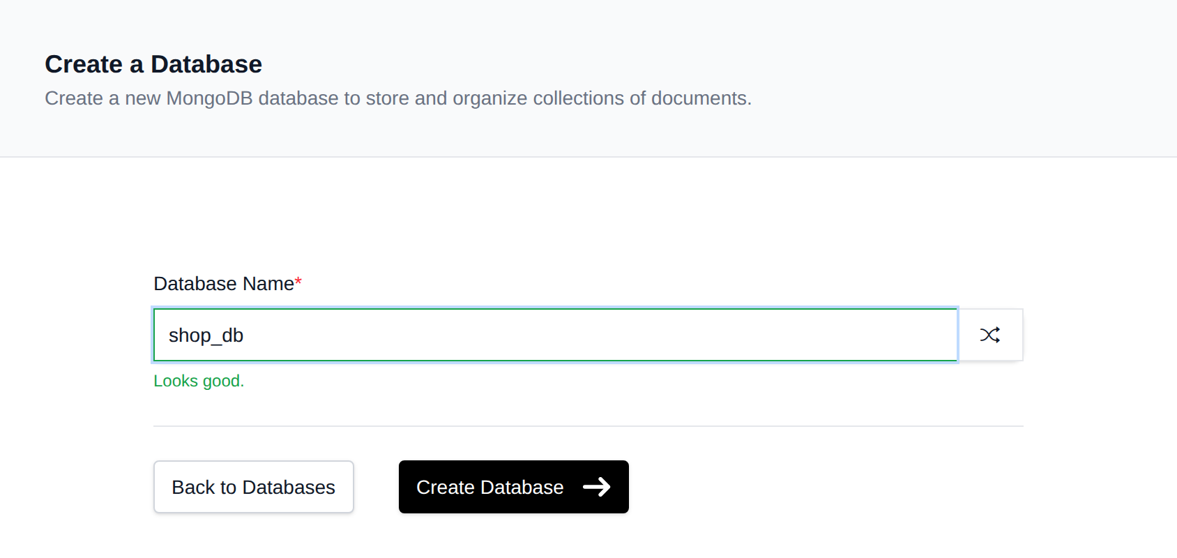 Create a MongoDB Database form with the database name field
