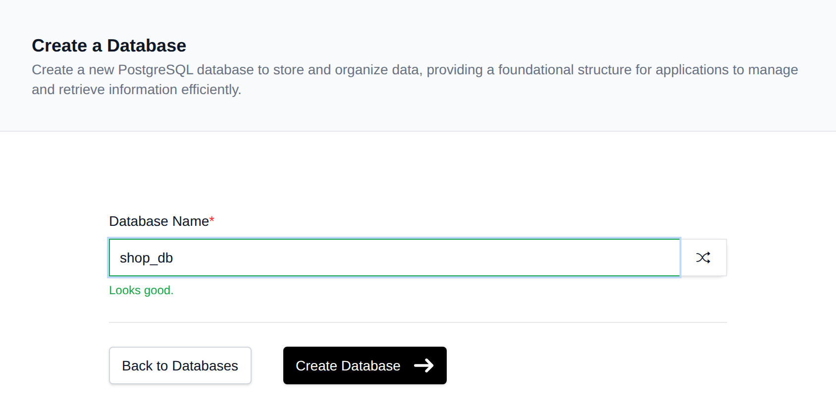 Create PostgreSQL Database form with the database name field