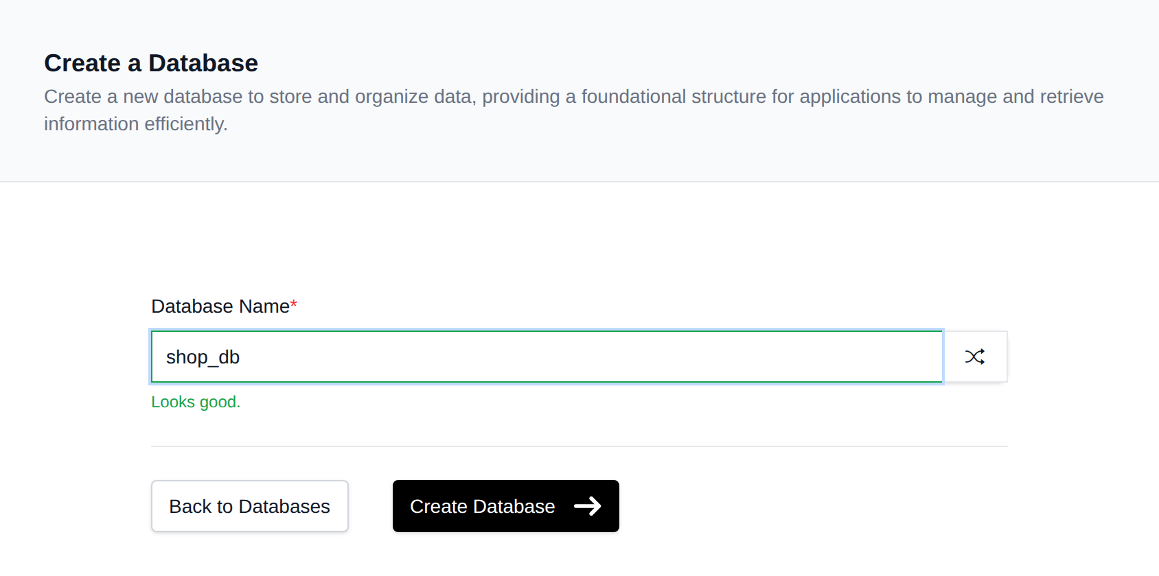 Create Database form with the database name field and the Create Database button