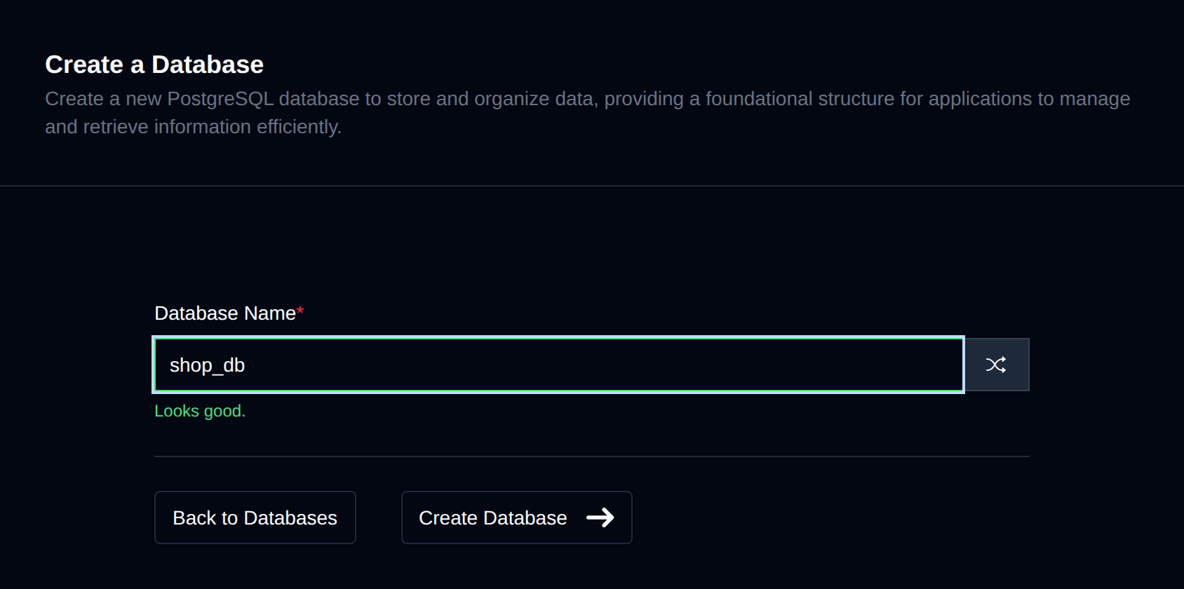 Create PostgreSQL Database form with the database name field