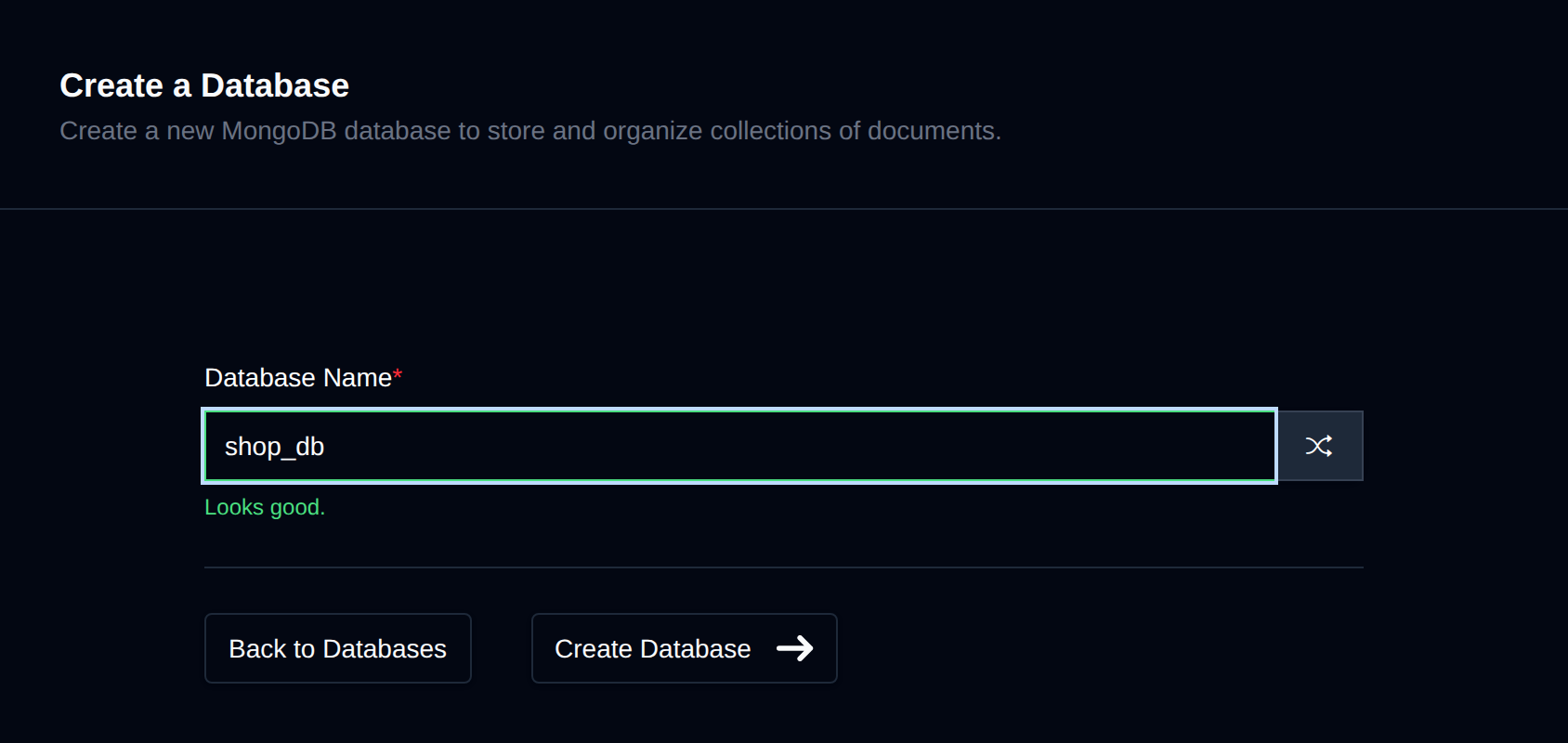 Create a MongoDB Database form with the database name field