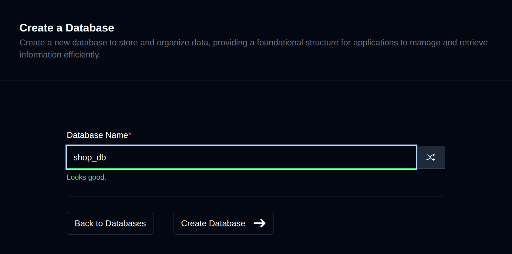 Create Database form with the database name field and the Create Database button