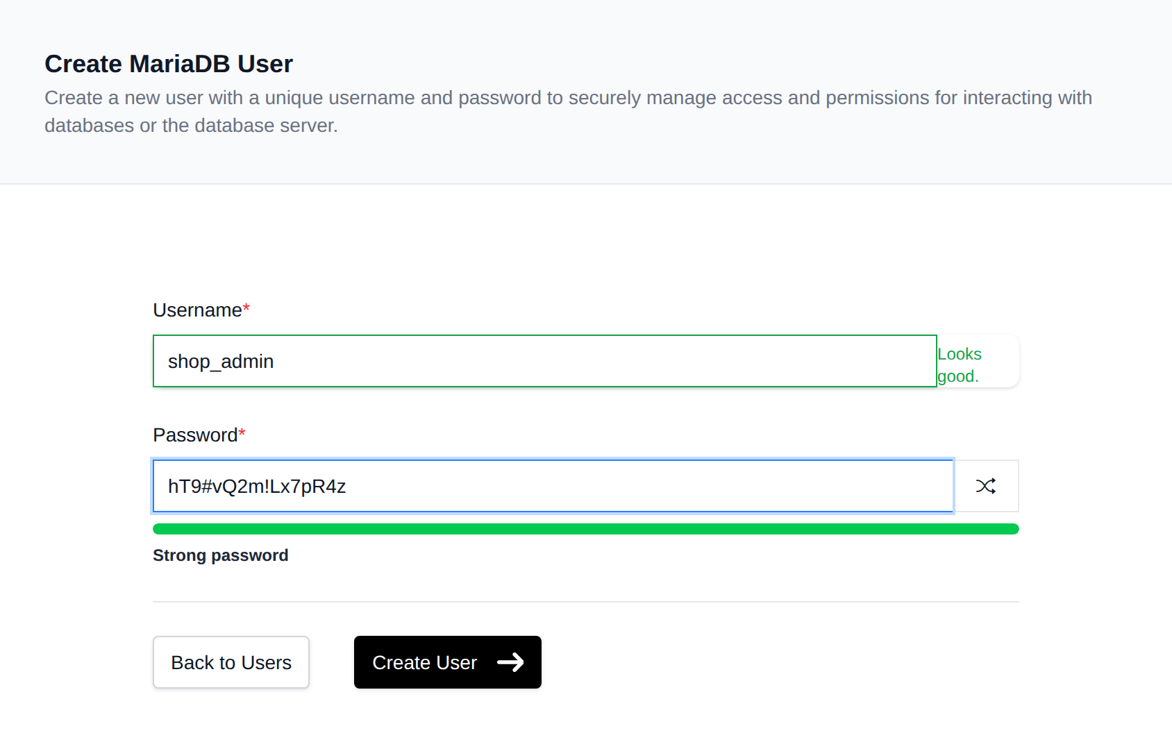 Create MySQL User form with username and password fields and a password strength bar