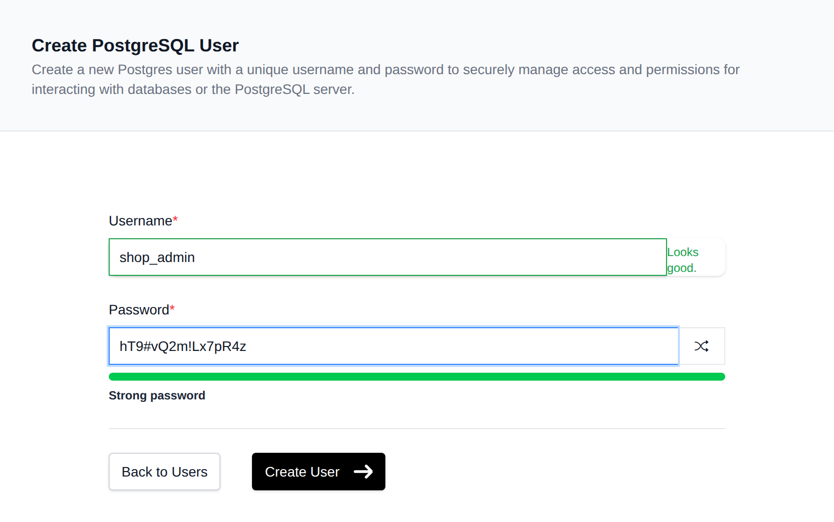 Create PostgreSQL User form with username and password fields and a password strength bar