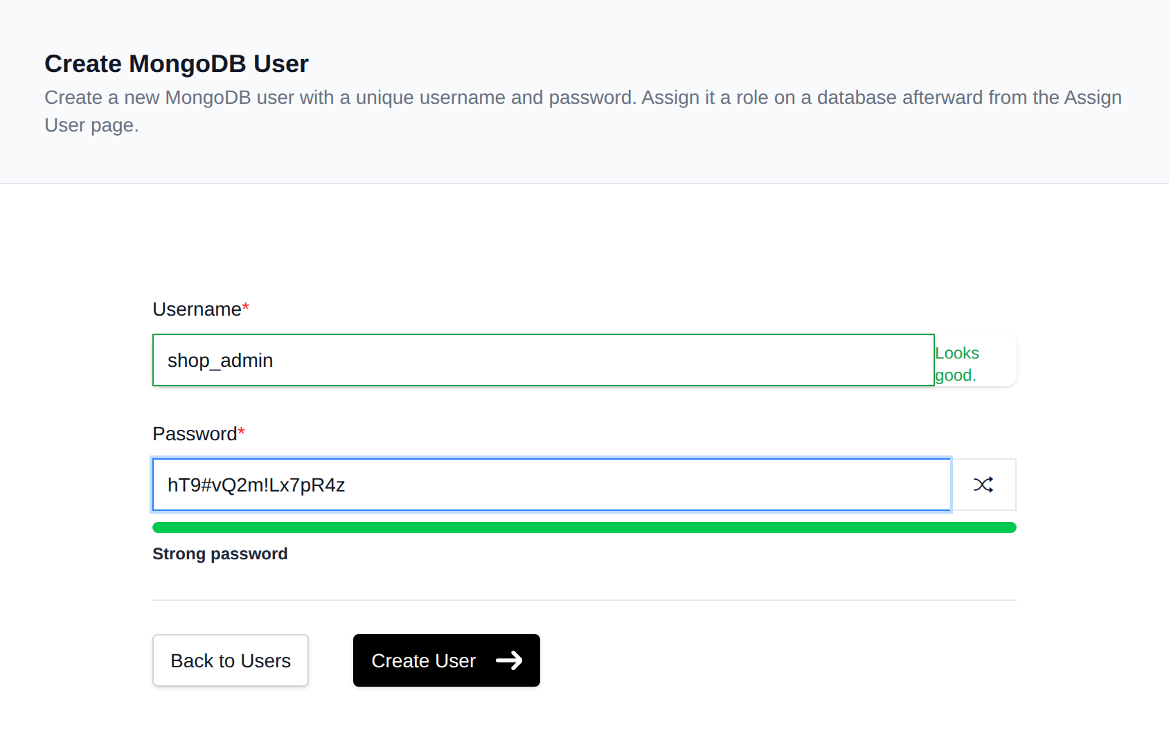 Create MongoDB User form with the username and password fields