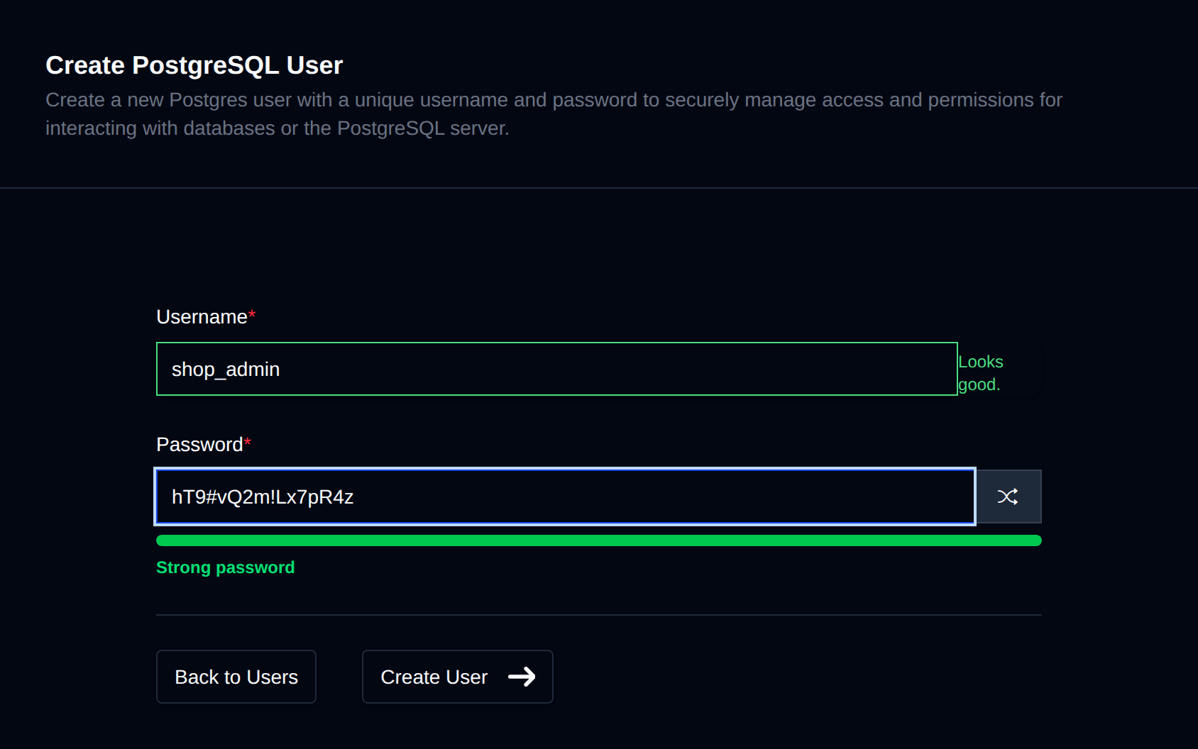 Create PostgreSQL User form with username and password fields and a password strength bar
