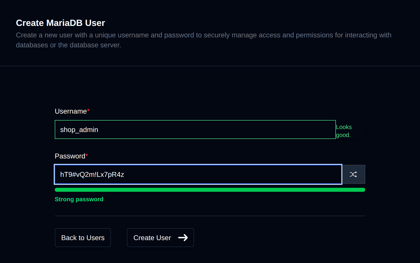 Create MySQL User form with username and password fields and a password strength bar