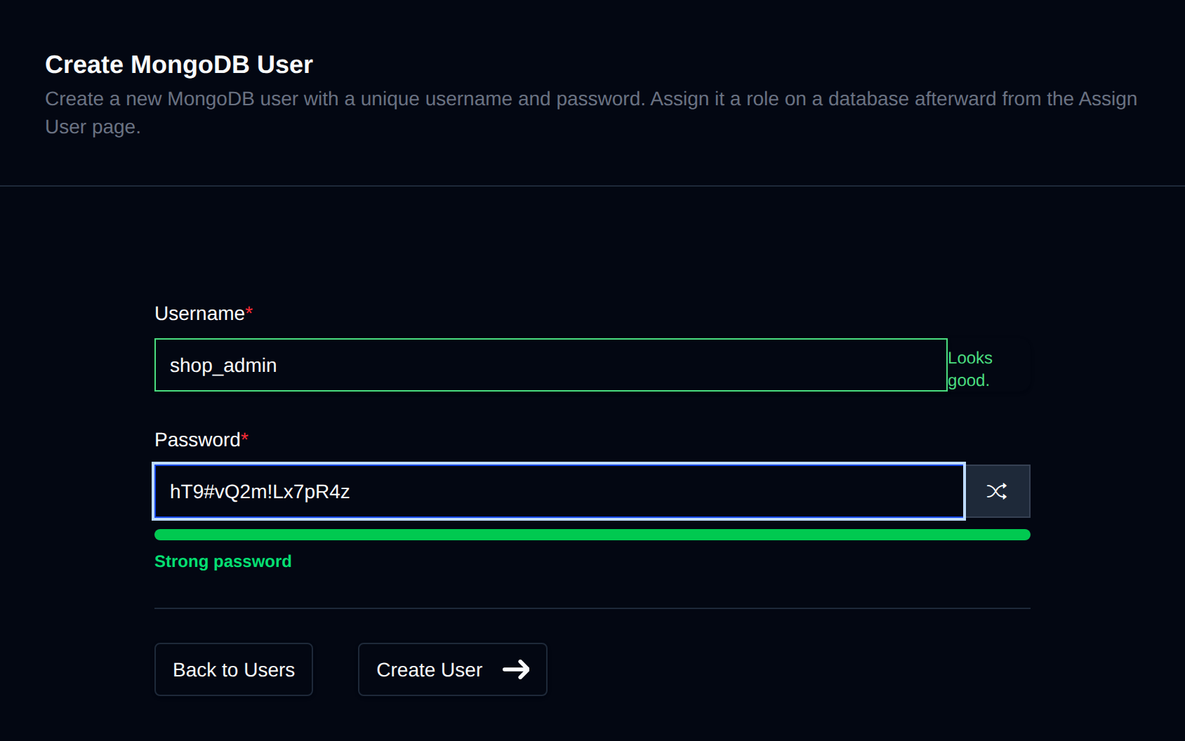 Create MongoDB User form with the username and password fields