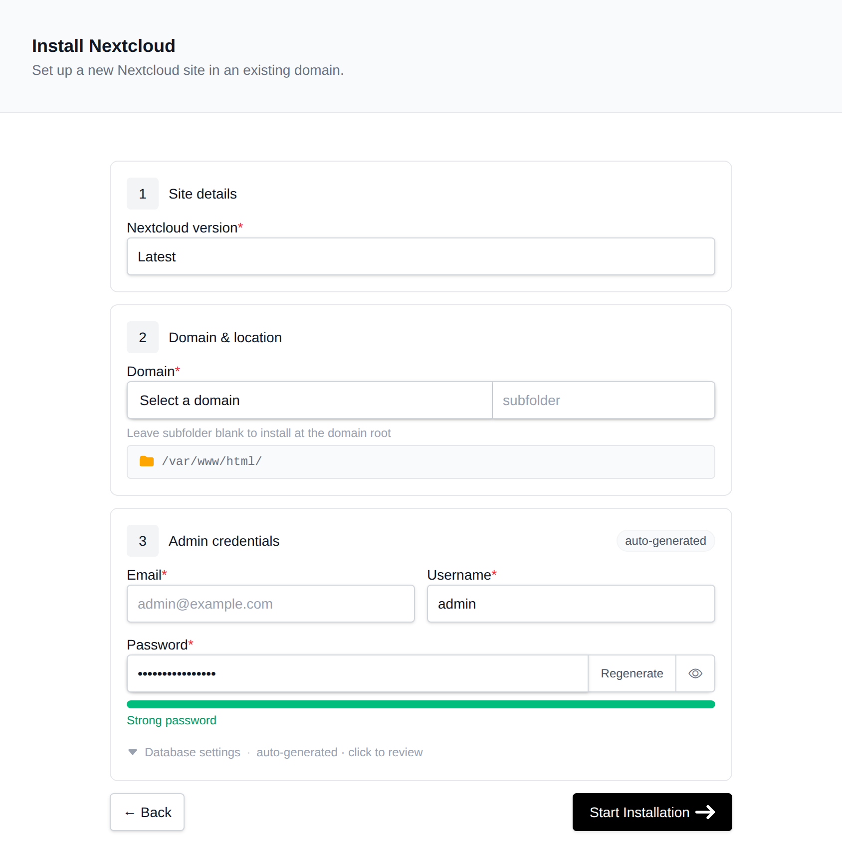 Install Nextcloud form with the site details, domain and location, and admin credentials