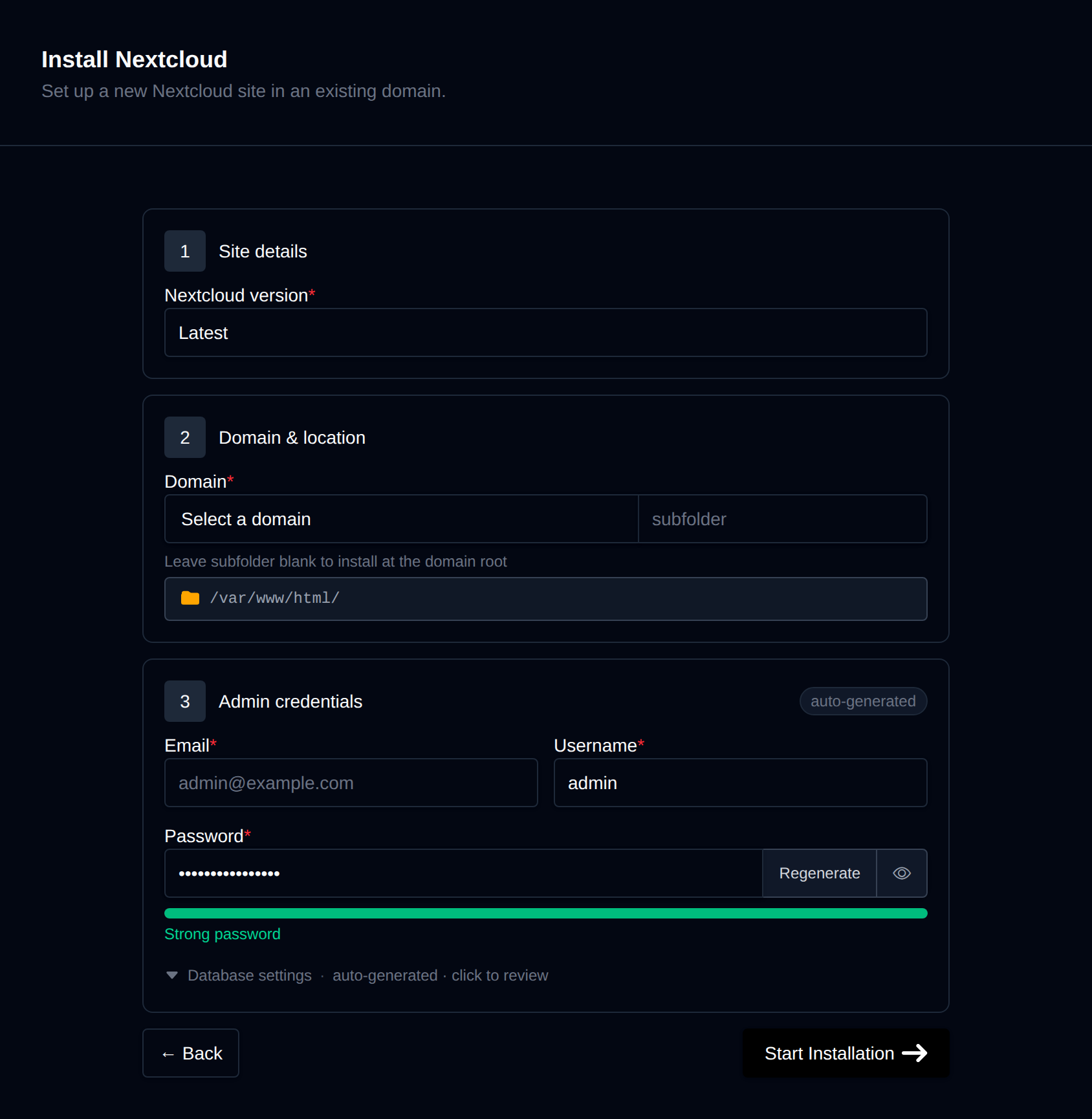 Install Nextcloud form with the site details, domain and location, and admin credentials