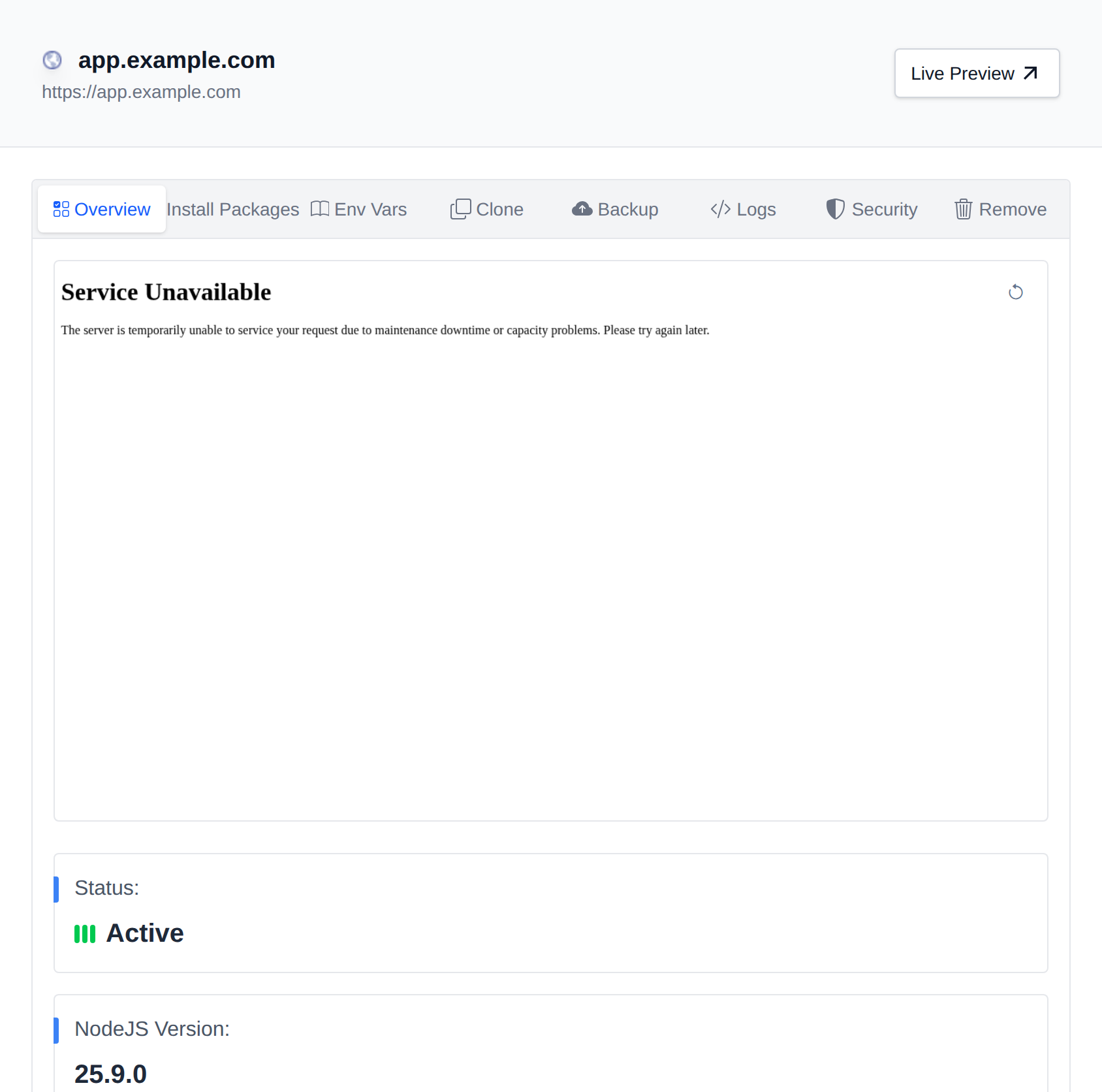 Node.js application page with its status, runtime version, CPU and memory limits, and Stop and Restart actions