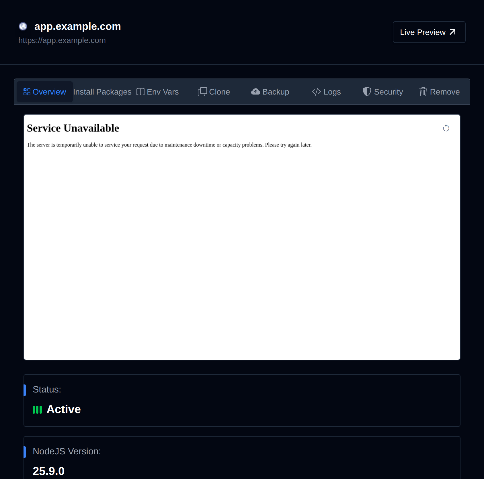 Node.js application page with its status, runtime version, CPU and memory limits, and Stop and Restart actions