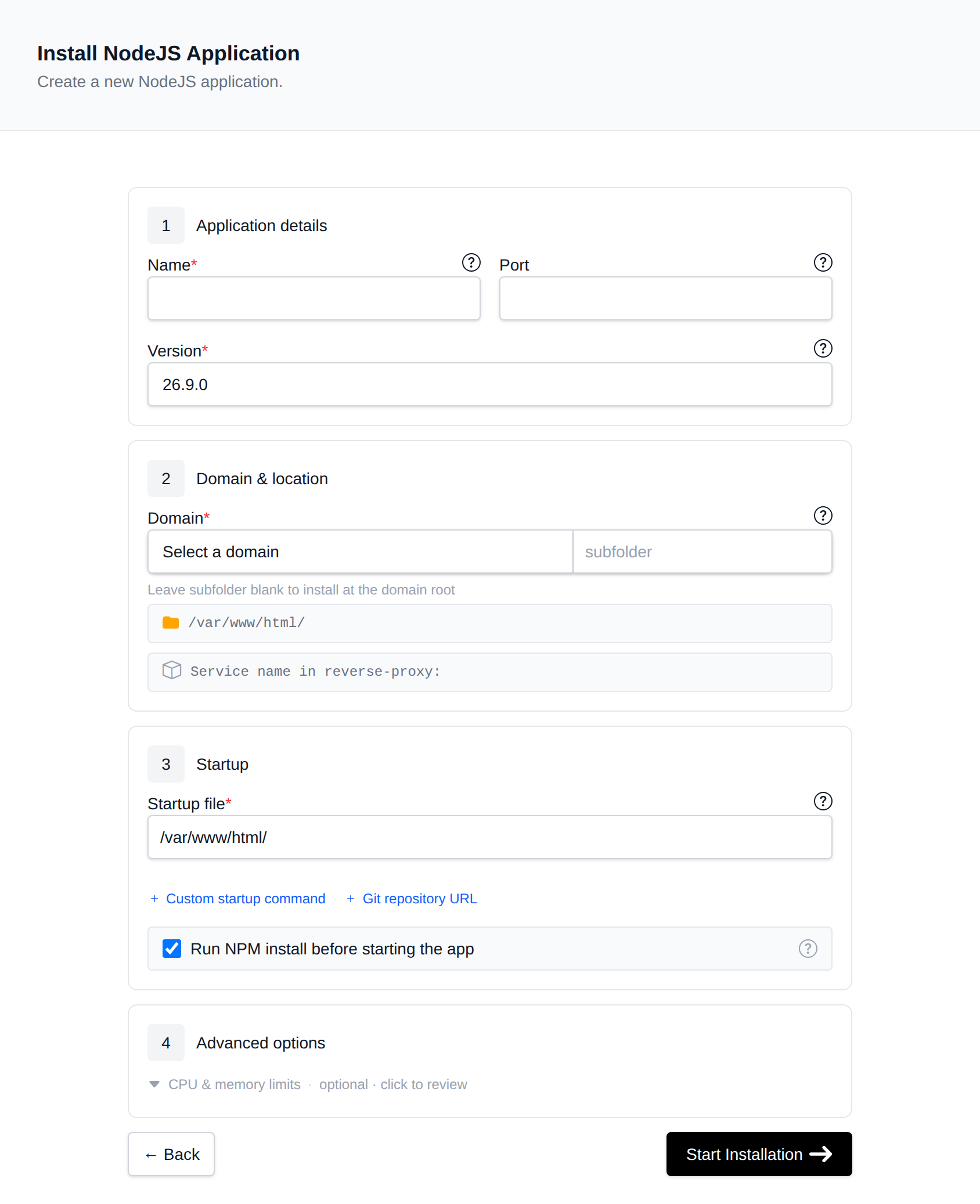 Install Node.js Application form with the application details, domain, startup file and advanced options