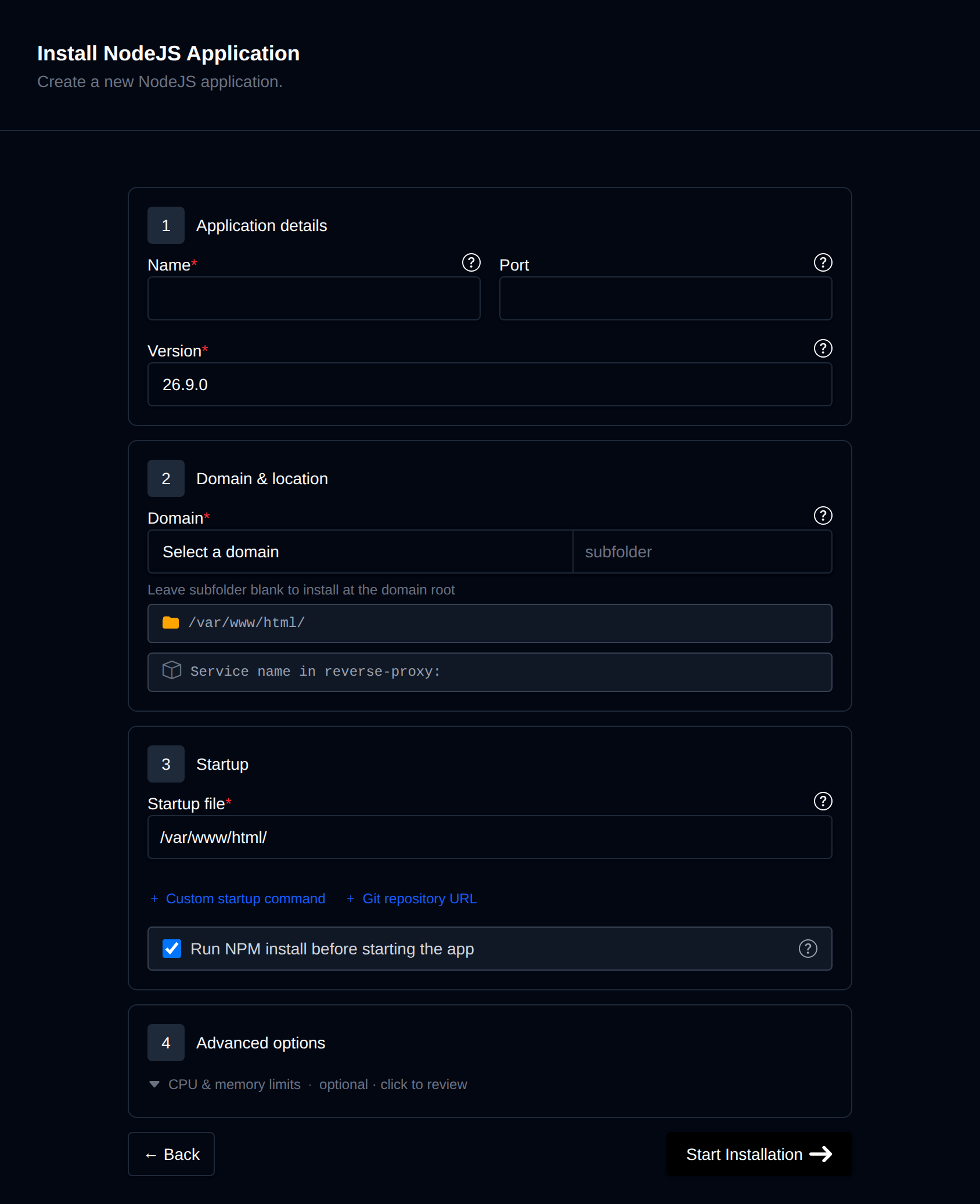 Install Node.js Application form with the application details, domain, startup file and advanced options