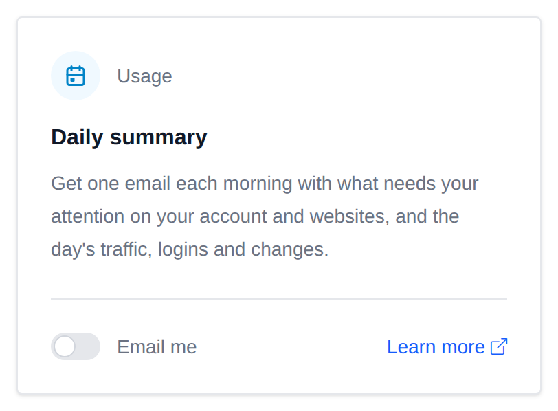 Daily summary card with the Email me switch and a Learn more link