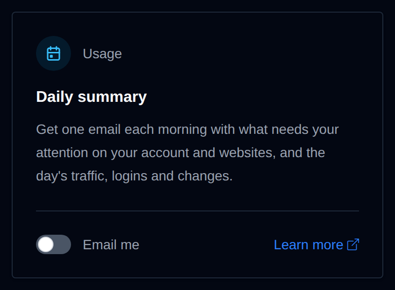 Daily summary card with the Email me switch and a Learn more link