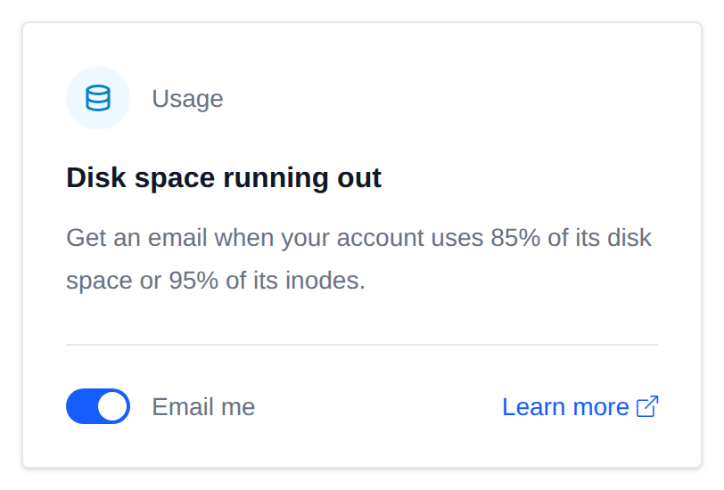 Disk space running out card with the Email me switch and a Learn more link