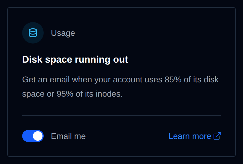 Disk space running out card with the Email me switch and a Learn more link
