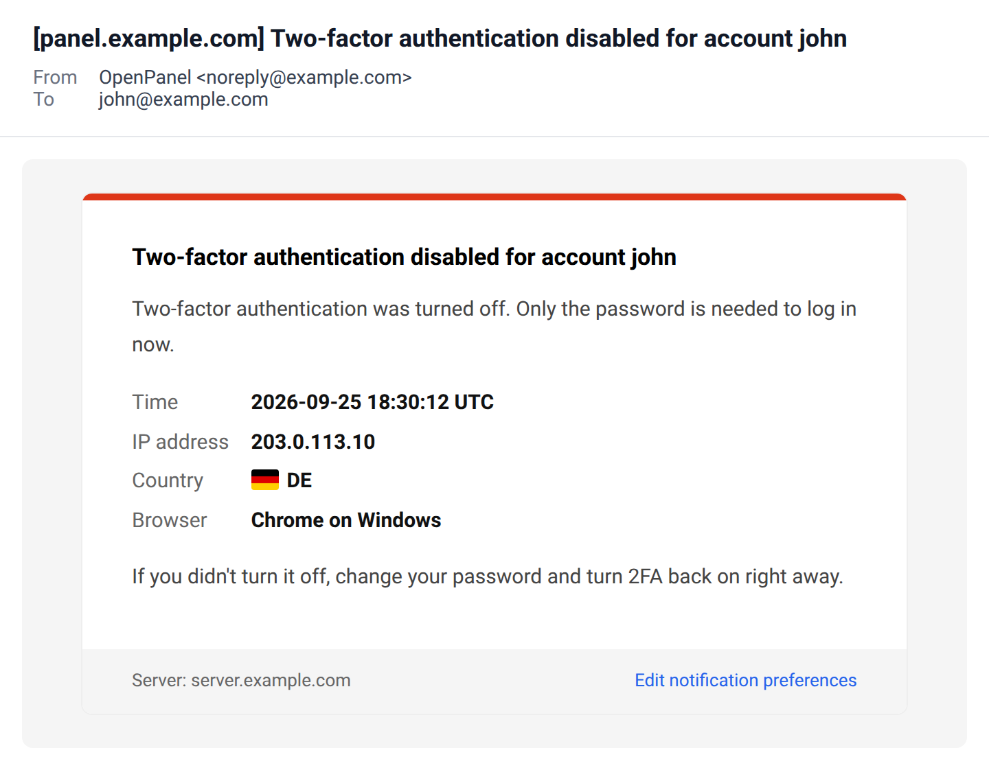 Two-factor authentication disabled email saying only the password is needed to log in, with the time, IP address, country and browser
