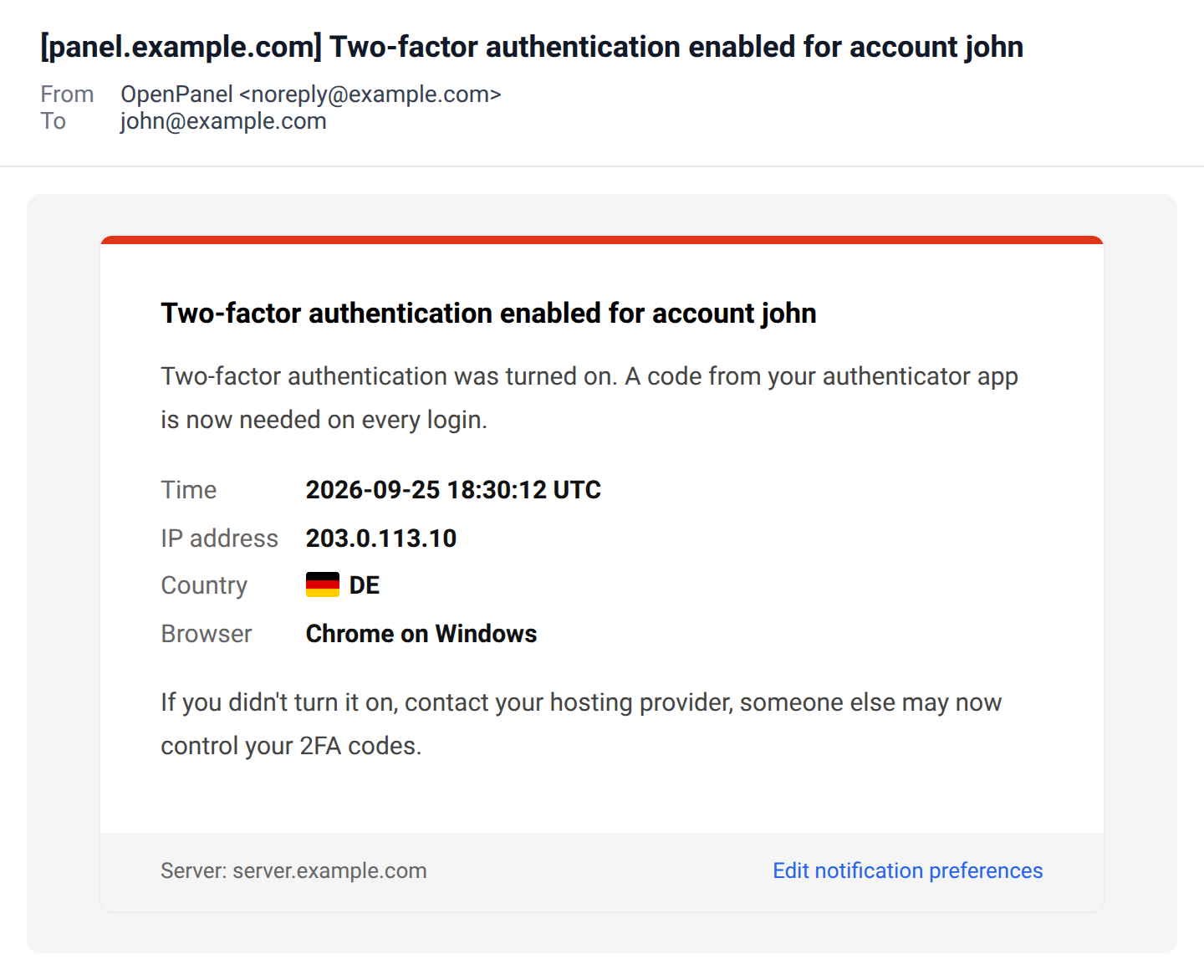 Two-factor authentication enabled email saying a code from the authenticator app is now needed on every login, with the time, IP address, country and browser