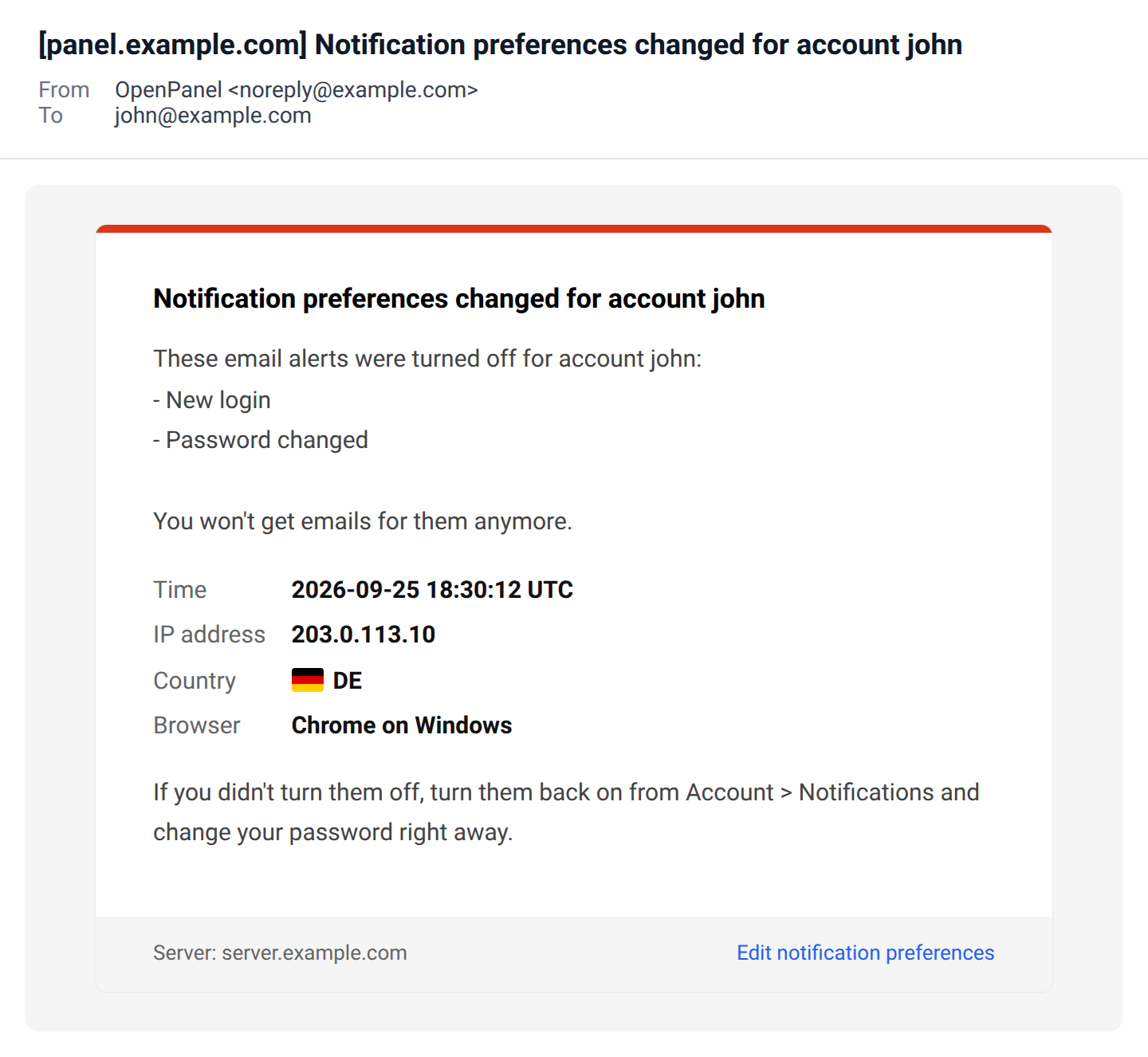 Notification preferences changed email listing New login and Password changed as turned off, with the time, IP address, country and browser