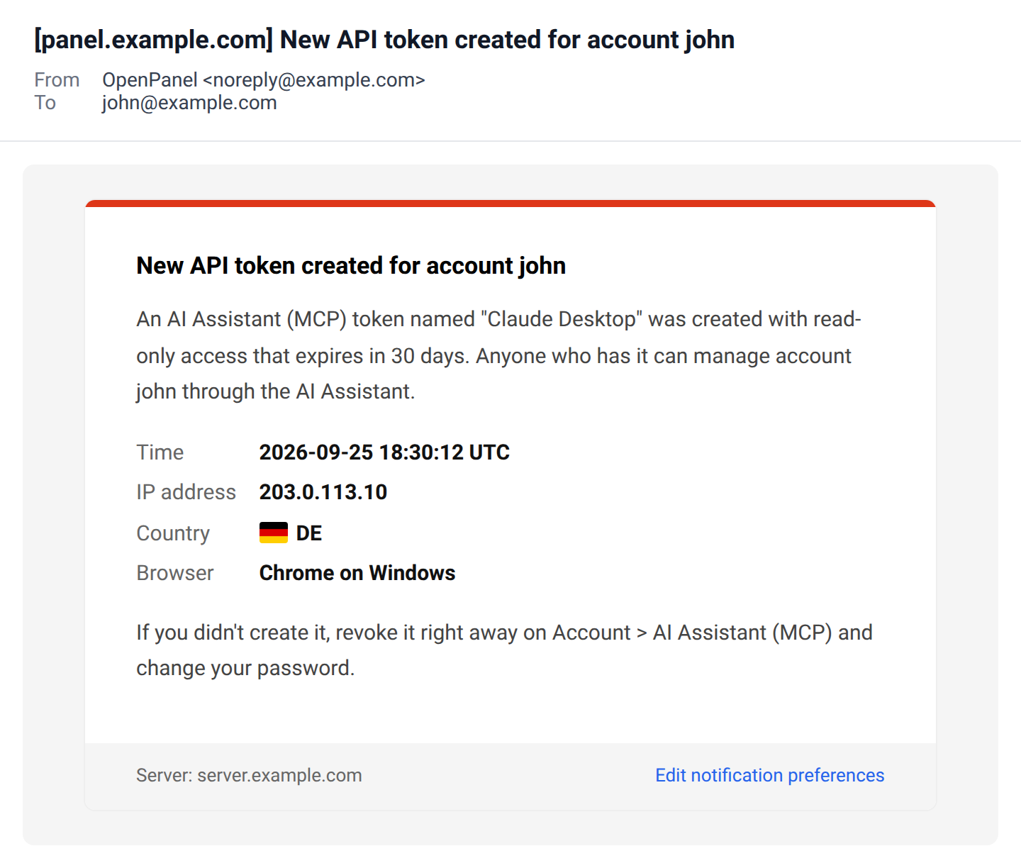 New API token email with the token name Claude Desktop, read-only access that expires in 30 days, the time, IP address, country and browser