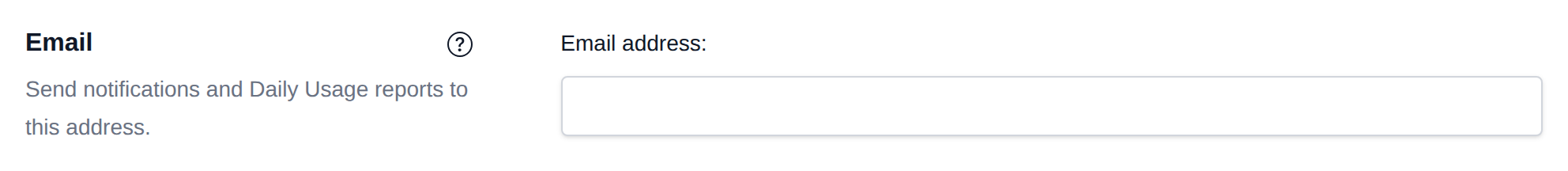 Email section with the address for notifications and daily usage reports