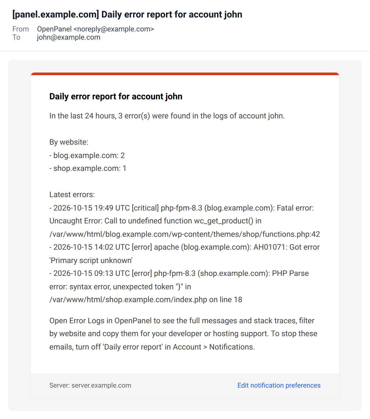 Daily error report email with the number of errors per website and the latest errors with their time, severity and service