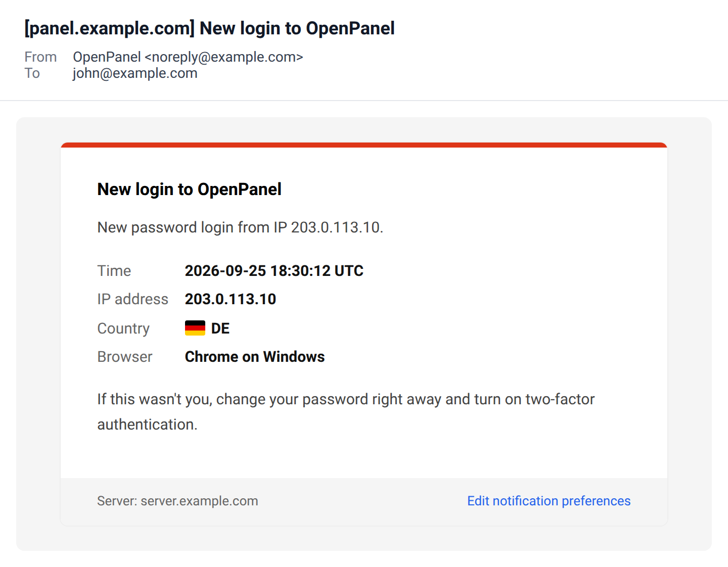 New login email showing the login method, time, IP address, country with its flag and browser