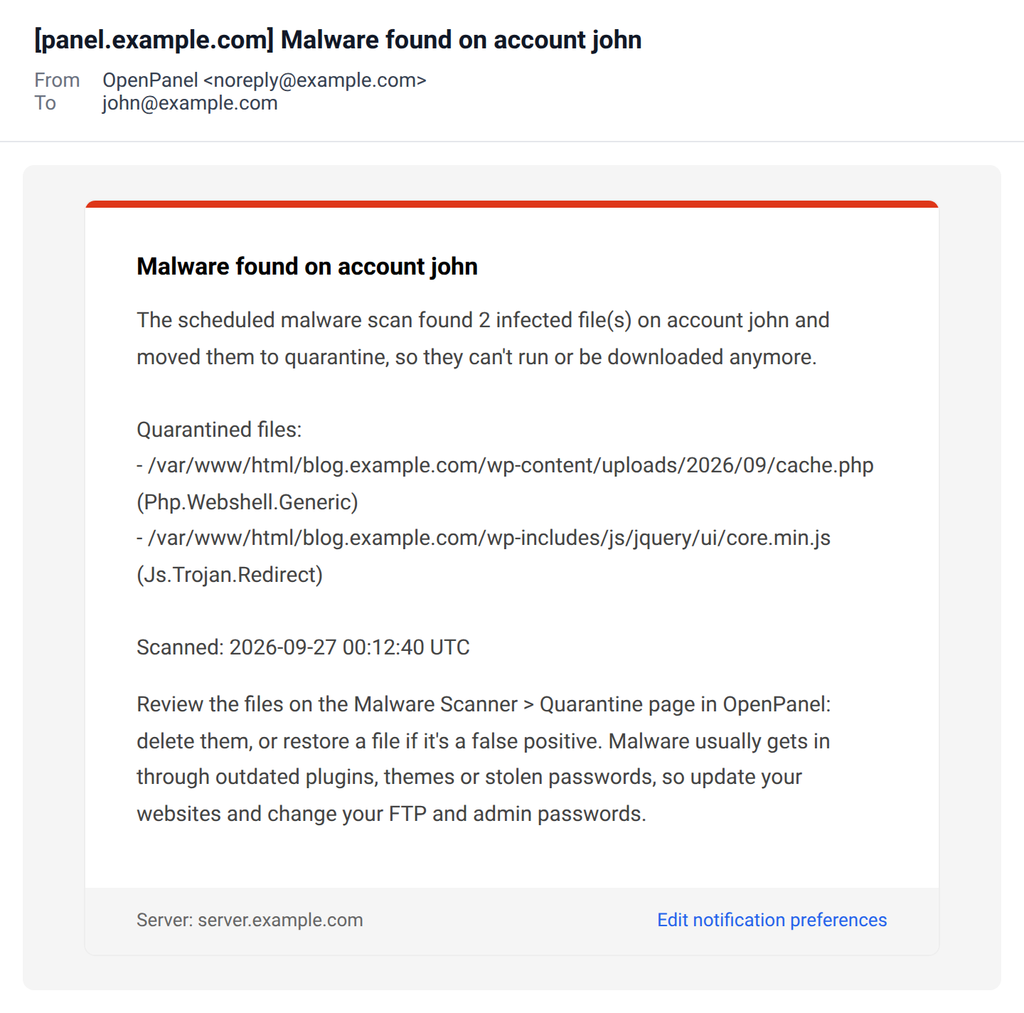 Malware found email listing two quarantined files with their malware signatures, when the scan ran and what to do next