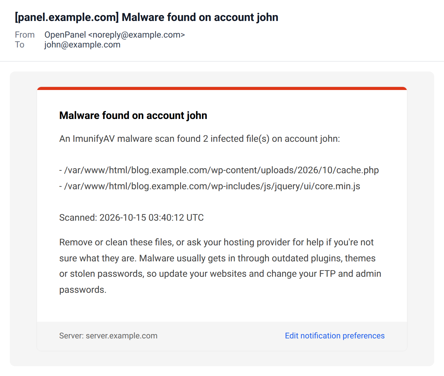 Malware found email from an ImunifyAV scan listing two infected files and what to do next