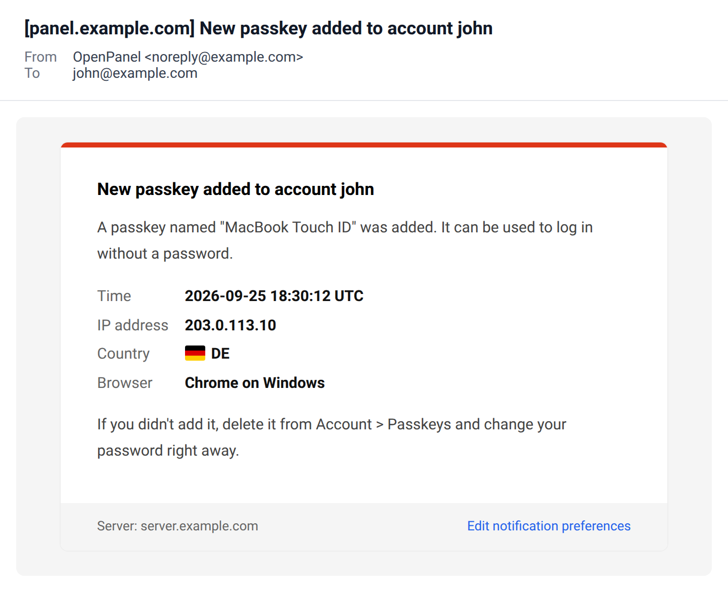 New passkey email with the passkey name MacBook Touch ID, the time, IP address, country and browser
