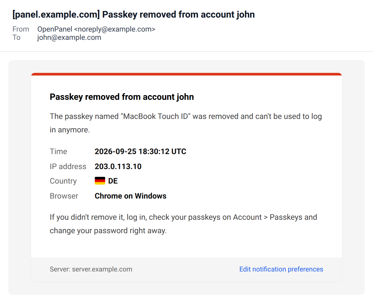 Passkey removed email with the passkey name MacBook Touch ID, the time, IP address, country and browser