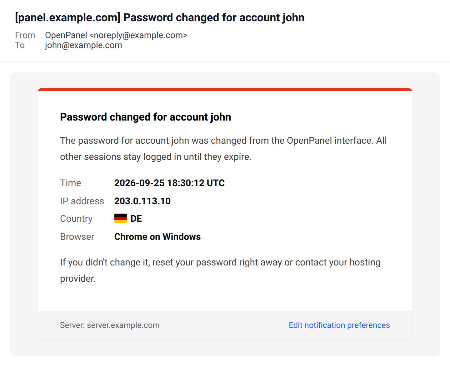 Password changed email saying it was changed from the OpenPanel interface, with the time, IP address, country and browser