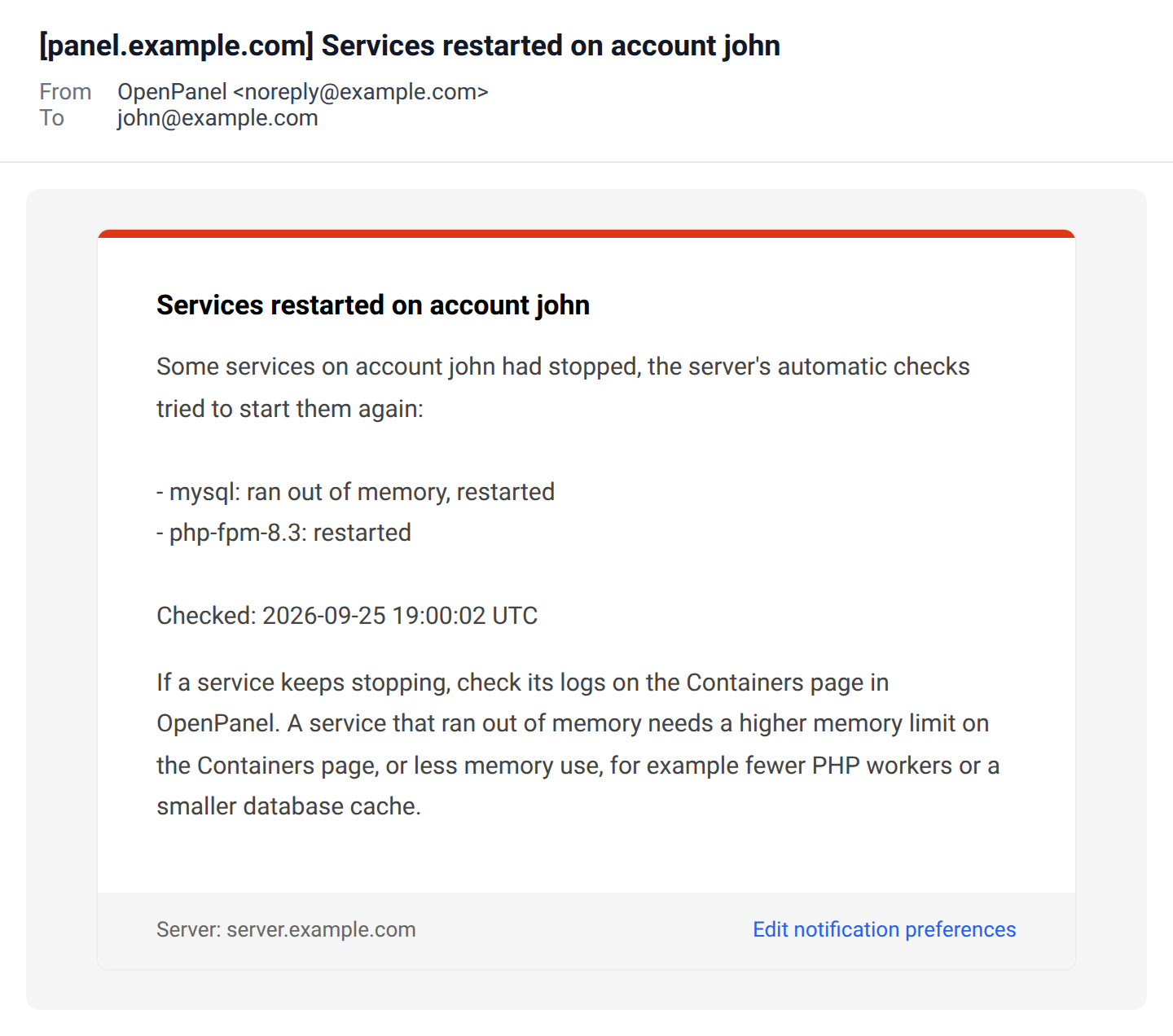 Services restarted email listing MySQL that ran out of memory and PHP, both restarted, with tips for services that keep stopping