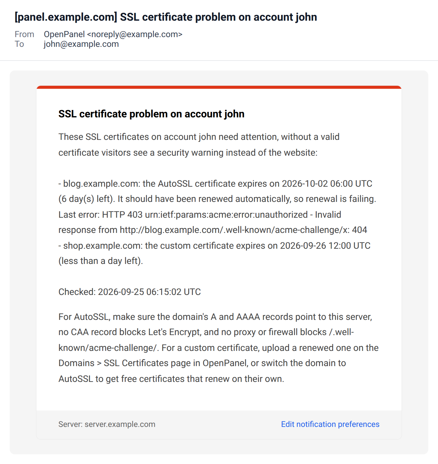 SSL certificate problem email listing an AutoSSL certificate that fails to renew with the error, and a custom certificate that expires in less than a day