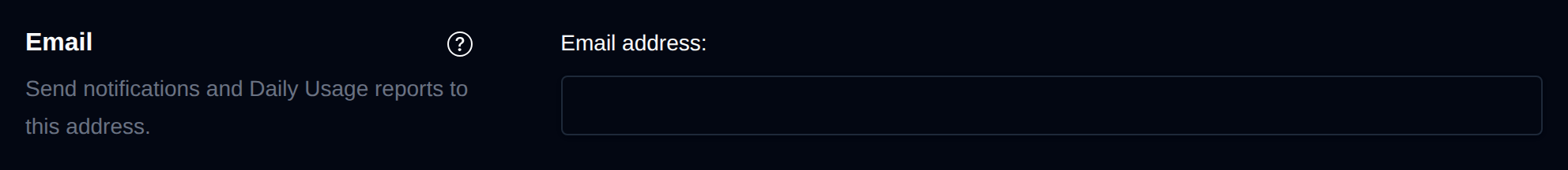 Email section with the address for notifications and daily usage reports