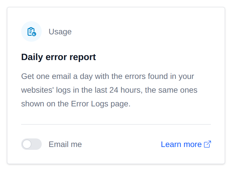 Daily error report card with the Email me switch and a Learn more link