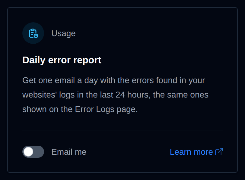 Daily error report card with the Email me switch and a Learn more link