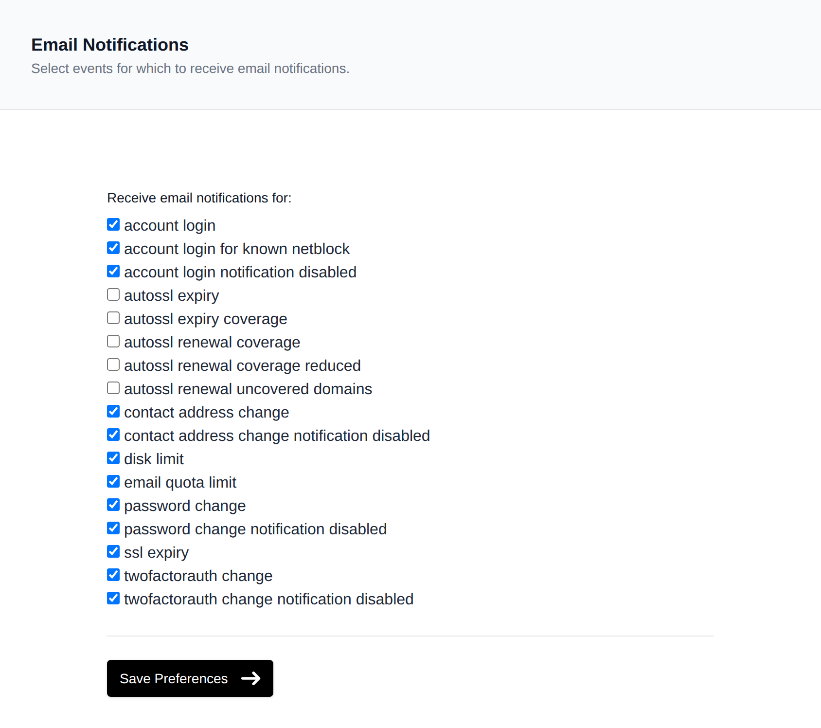 Email Notifications page with a checkbox for each event and the Save Preferences button