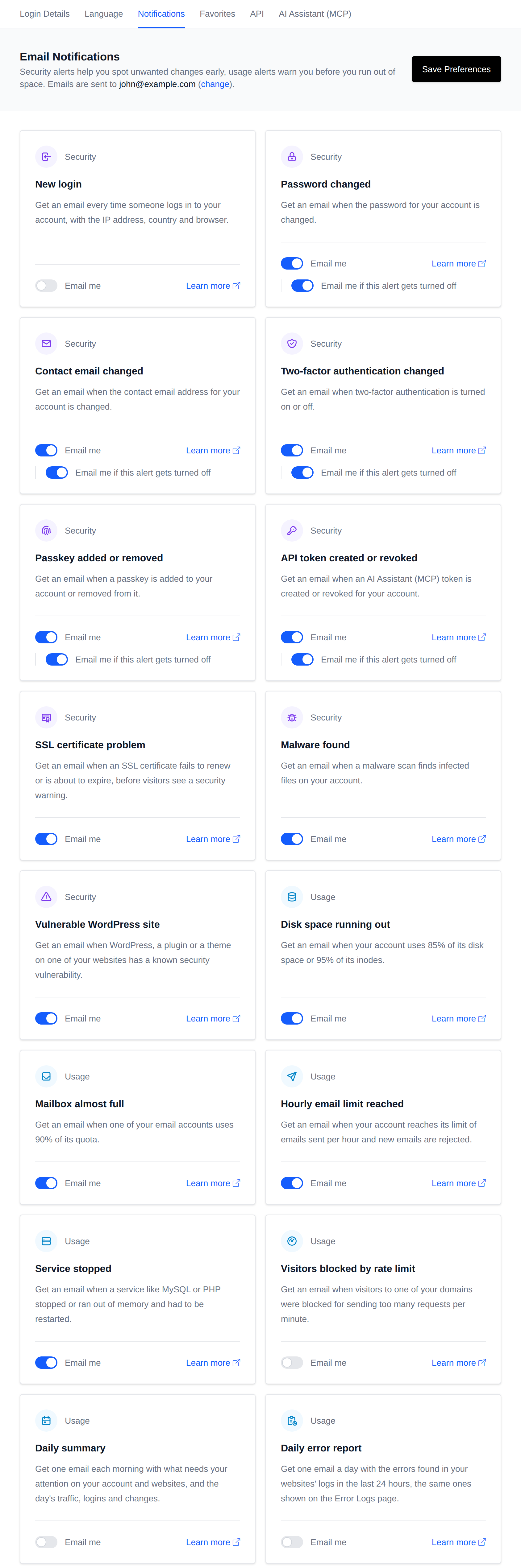 Email Notifications page with a card and switch for each event and the Save Preferences button