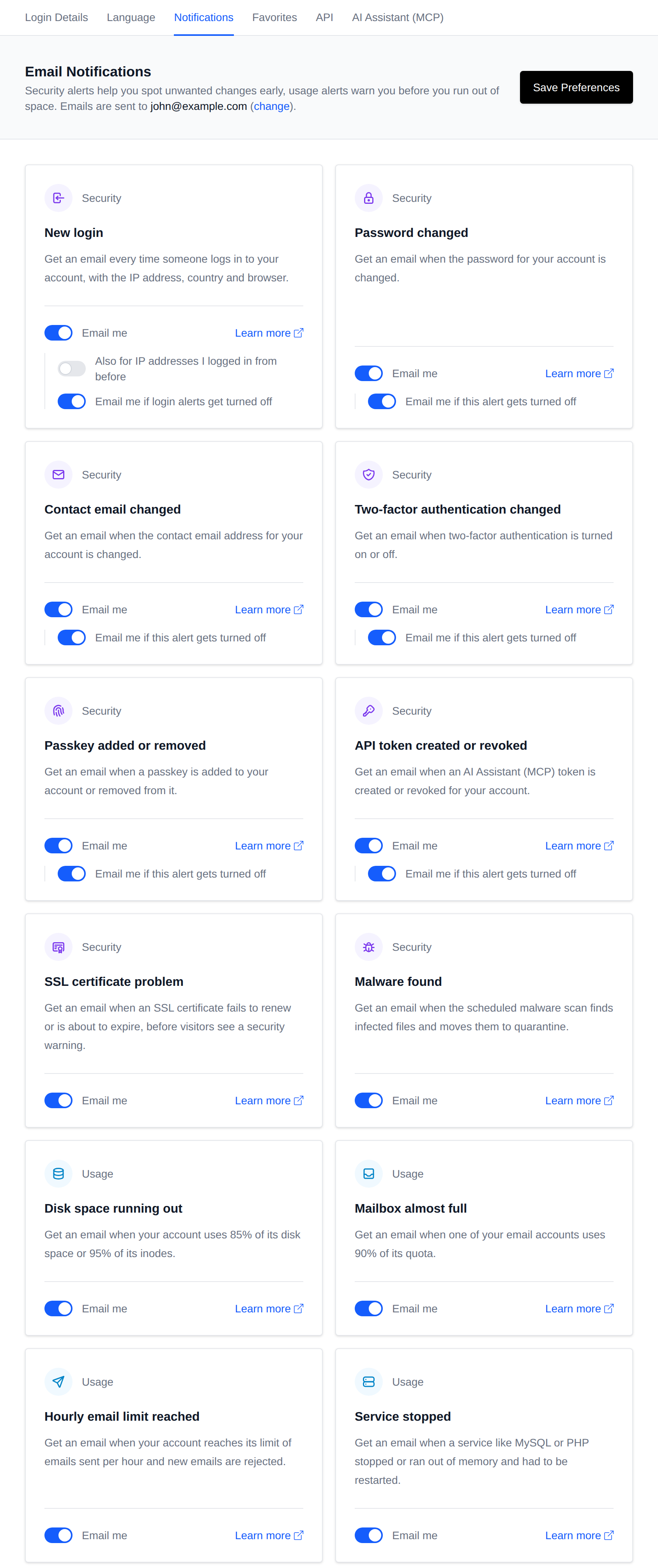 Email Notifications page with a card and switch for each event and the Save Preferences button