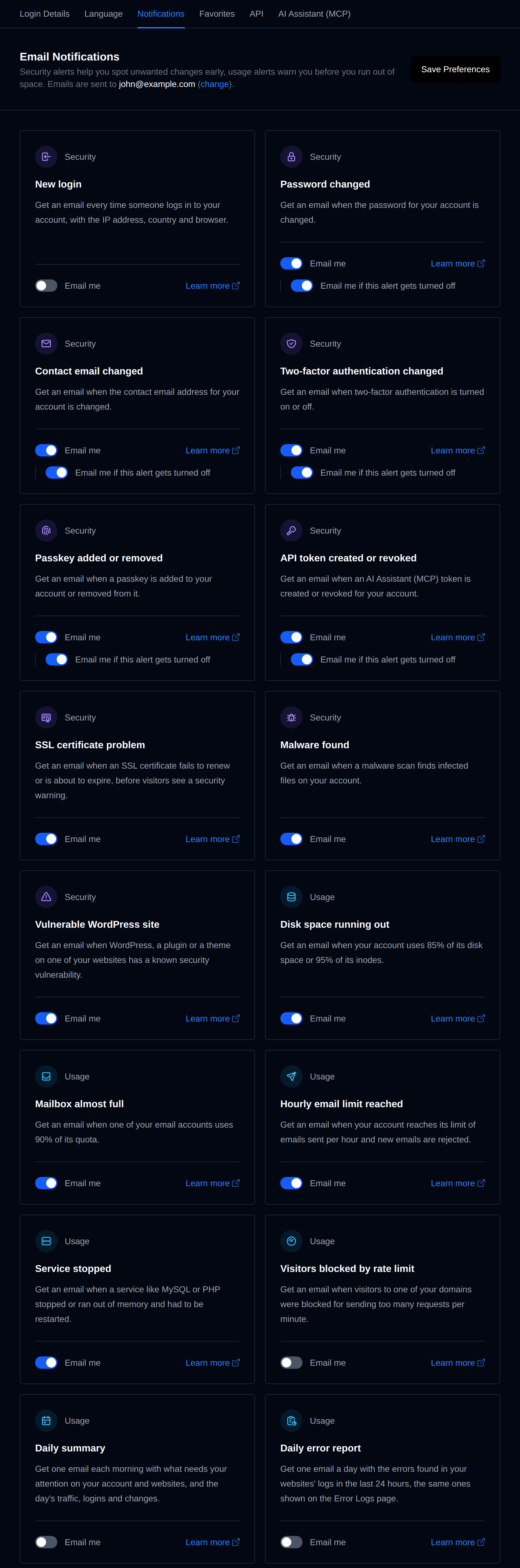 Email Notifications page with a card and switch for each event and the Save Preferences button