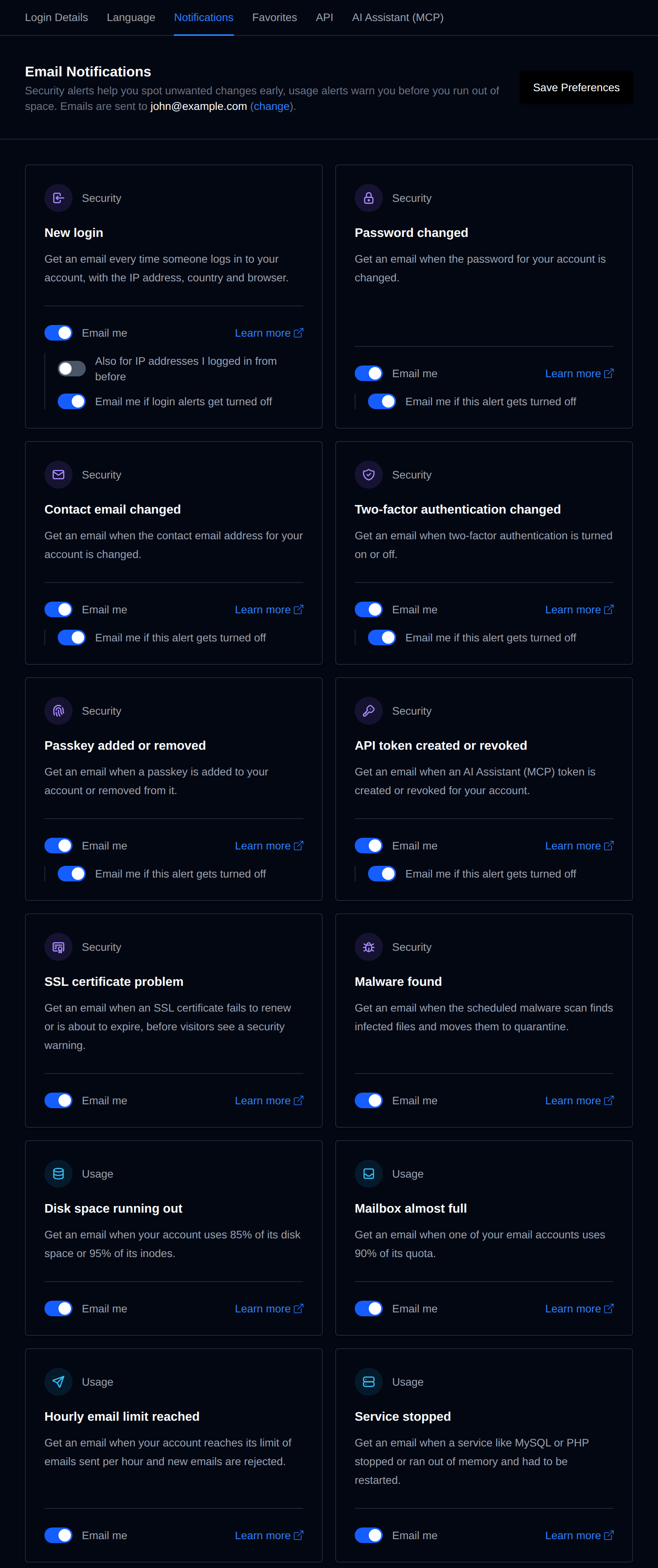 Email Notifications page with a card and switch for each event and the Save Preferences button