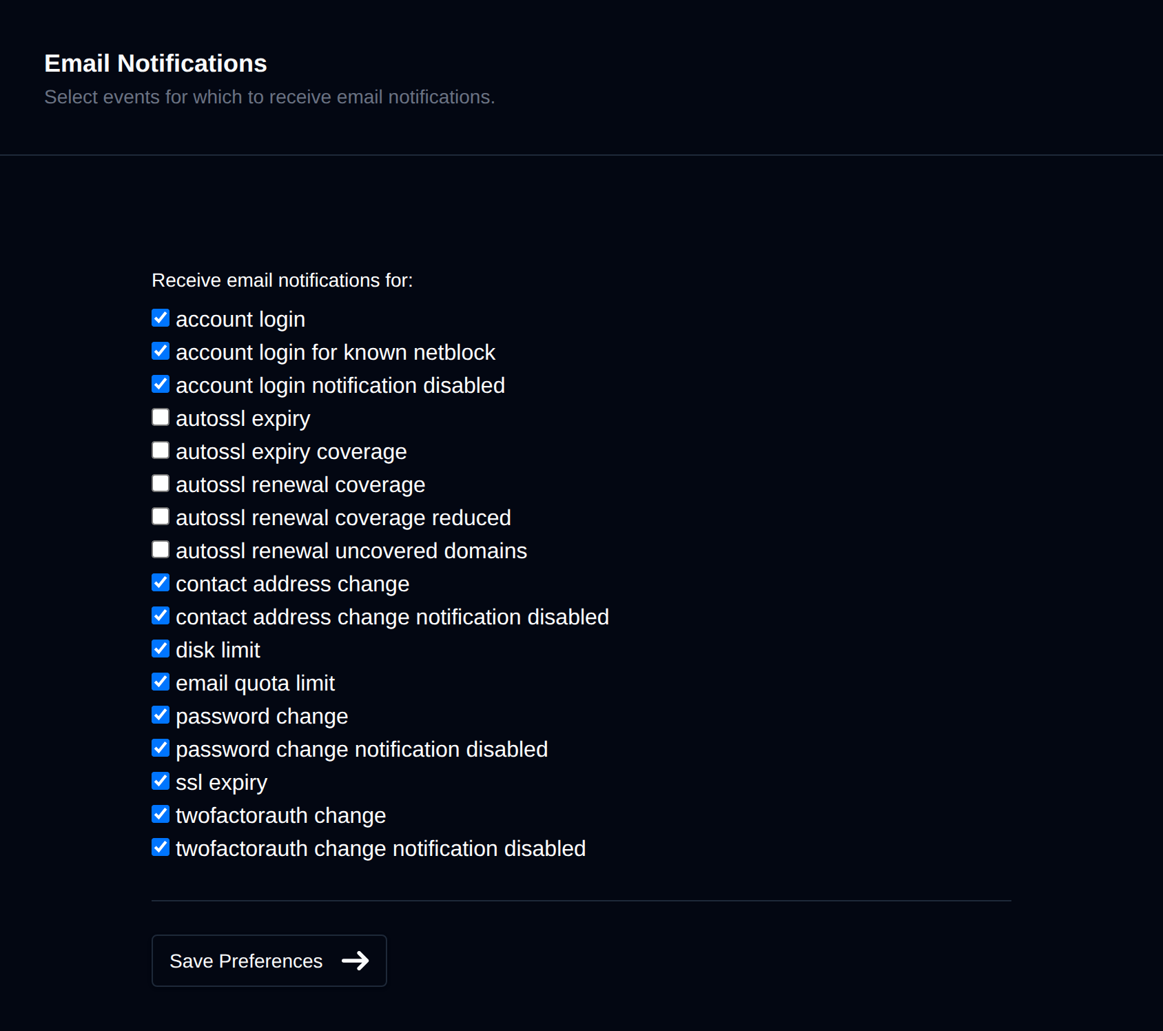 Email Notifications page with a checkbox for each event and the Save Preferences button