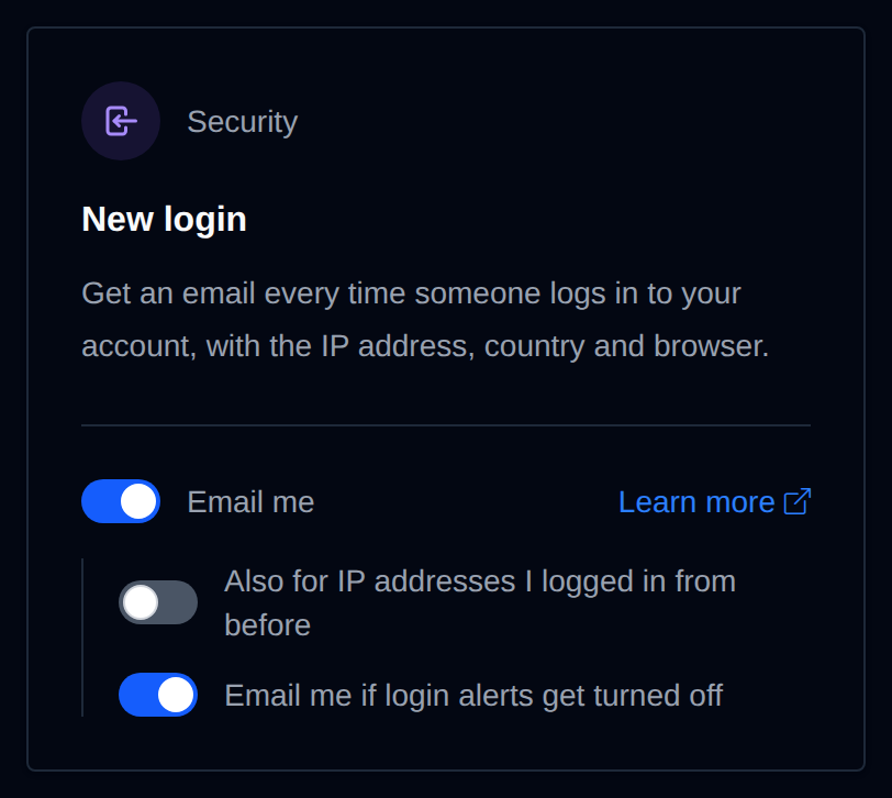 New login card with the Email me switch on and its two extra options, also for known IP addresses and email me if login alerts get turned off