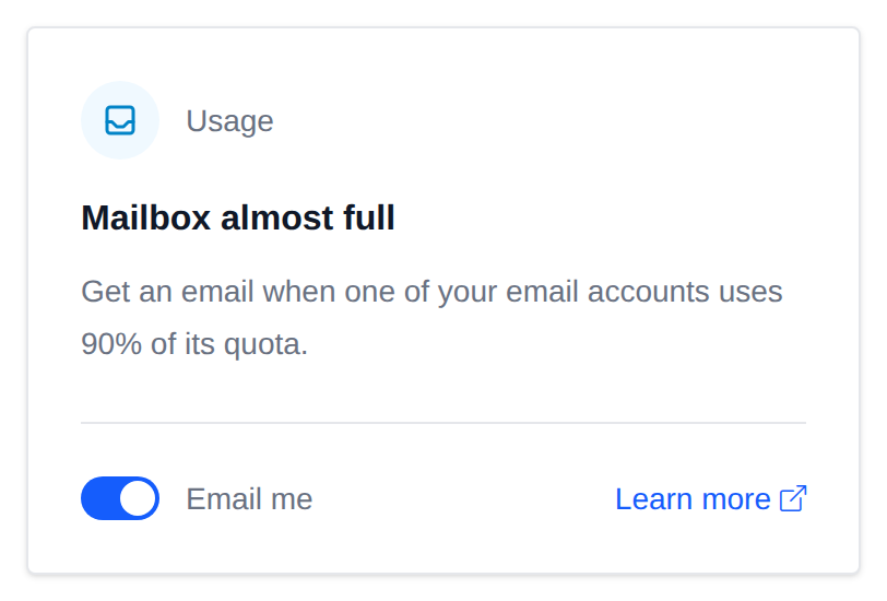 Mailbox almost full card with the Email me switch and a Learn more link